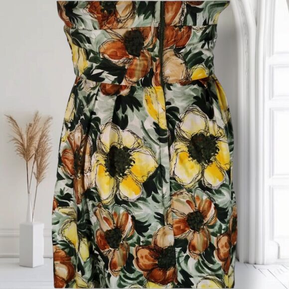 Vintage 50s Boat Neck Fit Flare Dress Size XS Yellow Brown Floral Print Sequin - Picture 8 of 16